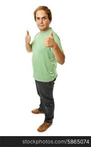 young casual man going thumbs up in a white background