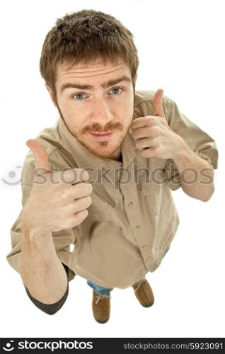 young casual man going thumbs up, in a white background