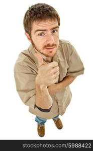 young casual man going thumbs up in a white background