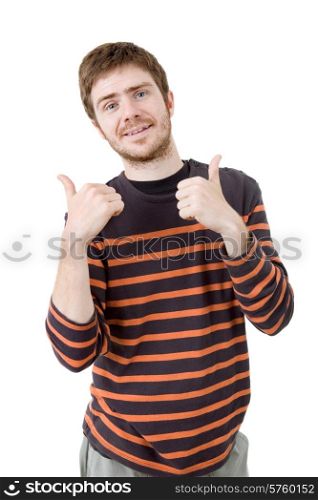 young casual man going thumbs up, isolated