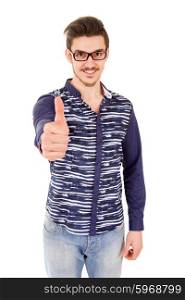 young casual man going thumbs up, isolated