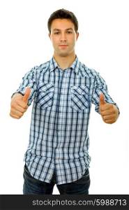 young casual man going thumbs up, isolated in a white background