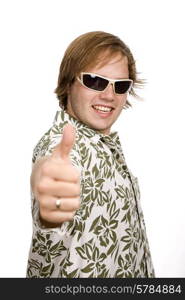 young casual man going thumbs up isolated on white