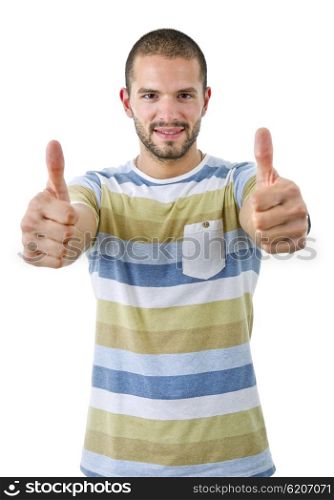 young casual man going thumbs up, isolated on white