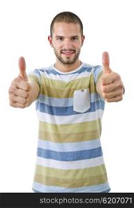 young casual man going thumbs up, isolated on white