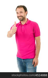 Young casual man going thumbs up, isolated on white background