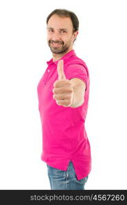 Young casual man going thumbs up, isolated on white background