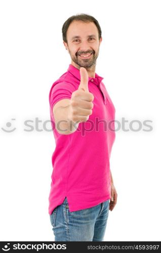 Young casual man going thumbs up, isolated on white background