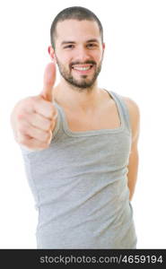 Young casual man going thumbs up, isolated on white background