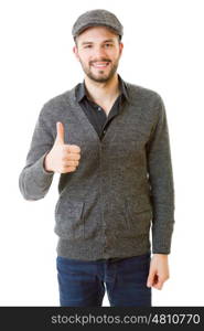 Young casual man going thumbs up, isolated on white background