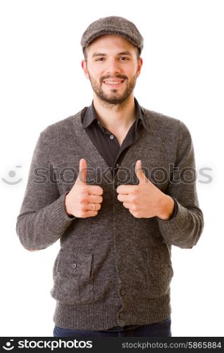 young casual man going thumbs up, isolated on white background