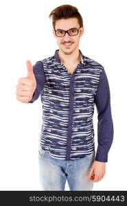 young casual man going thumbs up, isolated on white background