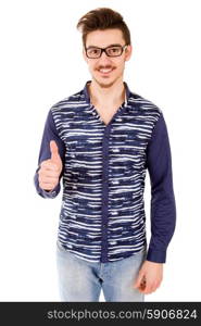 young casual man going thumbs up, isolated on white background