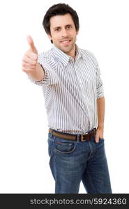 young casual man going thumbs up, isolated on white background