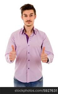 young casual man going thumbs up, isolated on white background