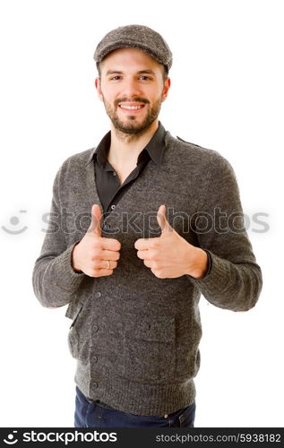 young casual man going thumbs up, isolated on white background