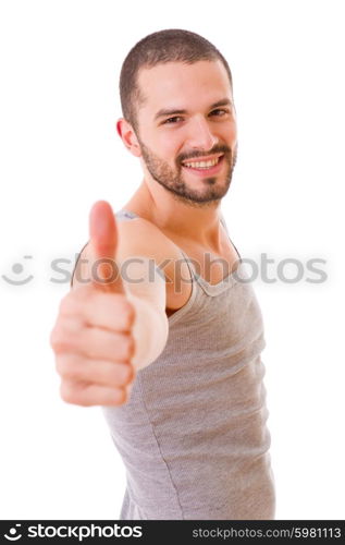 young casual man going thumbs up, isolated on white background