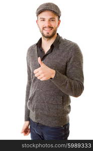 young casual man going thumbs up, isolated on white background