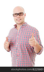 Young casual man going thumbs up, isolated on white background