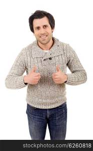 Young casual man going thumbs up, isolated on white background