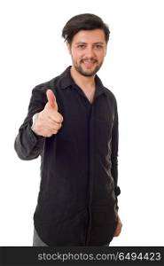 Young casual man going thumbs up, isolated on white background. thumb up