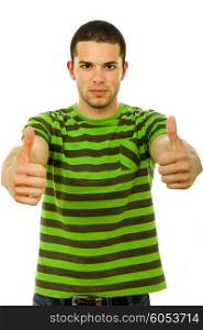 young casual man going thumbs up, on a white background