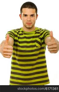 young casual man going thumbs up, on a white background
