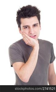 young casual man having a toothache isolated on white background