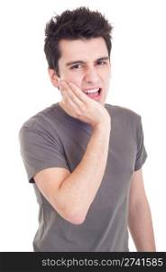 young casual man having a toothache isolated on white background