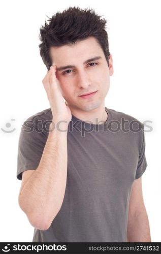 young casual man having headache isolated on white background