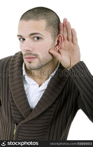 young casual man listening in white background