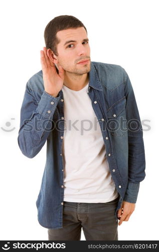 young casual man listening in white background