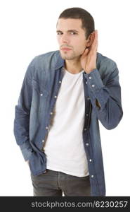 young casual man listening in white background