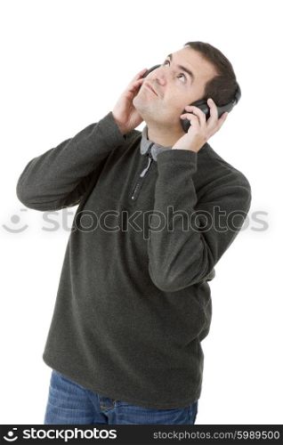 young casual man listening to music, isolated