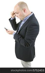 young casual man mad and surprised at the phone, isolated