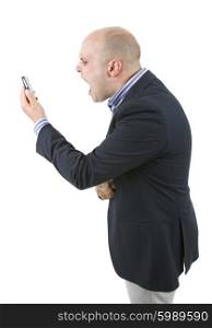 young casual man mad and surprised at the phone, isolated