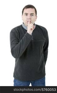 young casual man making silence with his finger, isolated