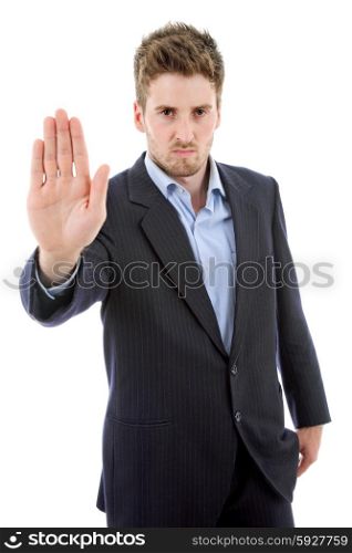 young casual man making stop with his hand, in a white background