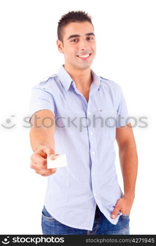 Young casual man offering a greeting card, isolated over white