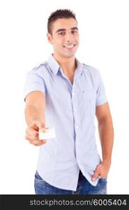 Young casual man offering a greeting card, isolated over white