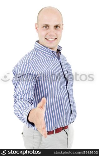young casual man offering his hand, isolated on white