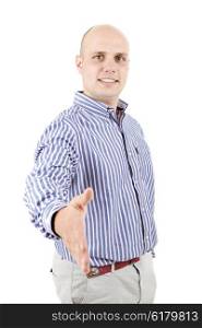 young casual man offering his hand, isolated on white