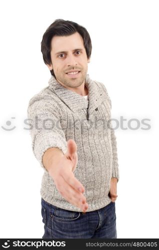 young casual man offering to shake the hand, isolated