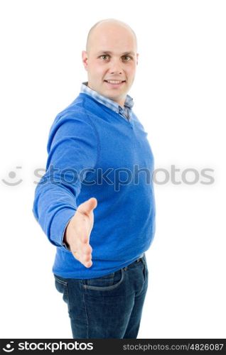 young casual man offering to shake the hand, isolated