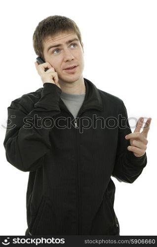 young casual man on the phone, isolated on white