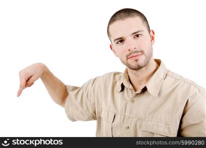 young casual man pointing down, isolated on white