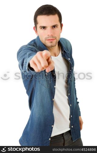 young casual man pointing, isolated on white