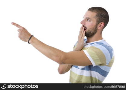 young casual man pointing, isolated on white