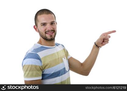 young casual man pointing, isolated on white