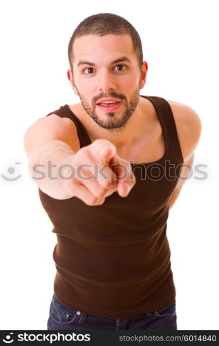 young casual man pointing to the camera, isolated